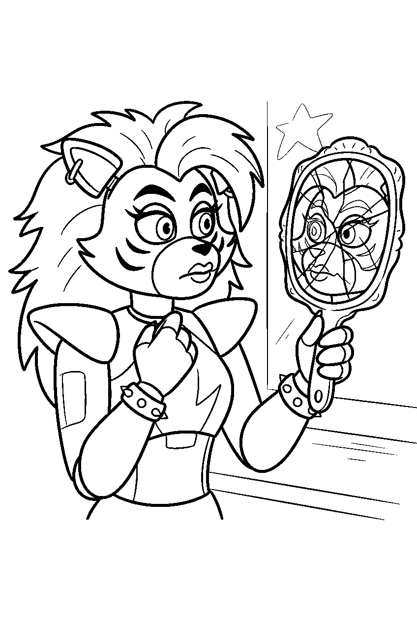 fnaf roxanne wolf checking her reflection in a cracked mirror line art