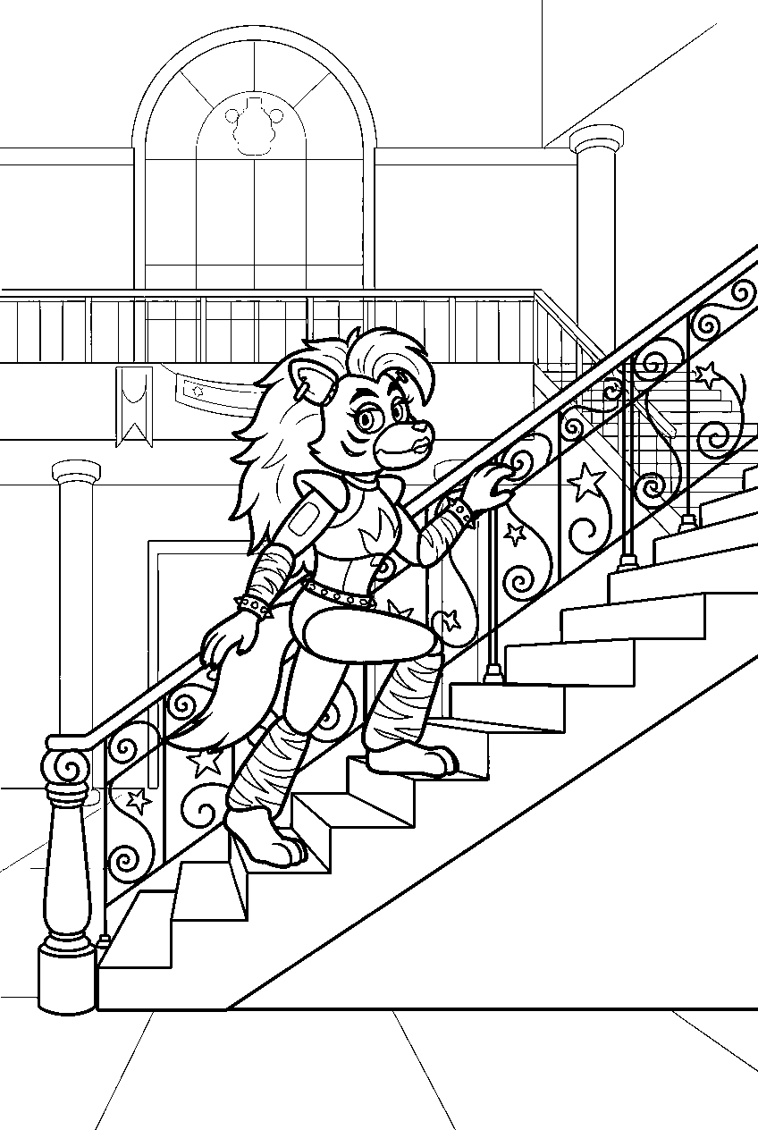 fnaf roxanne wolf climbing the grand staircase in the main atrium line art