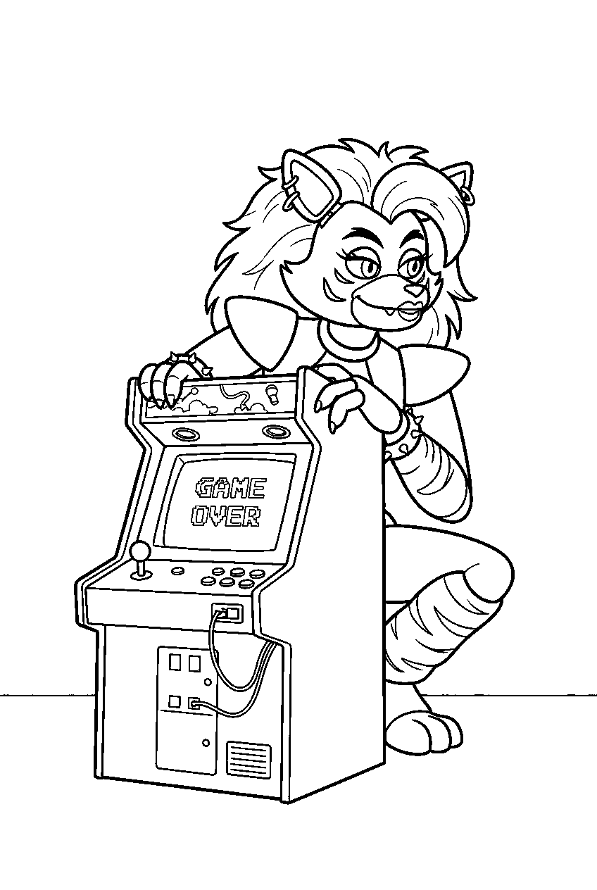 fnaf roxanne wolf crouching behind an arcade cabinet line art