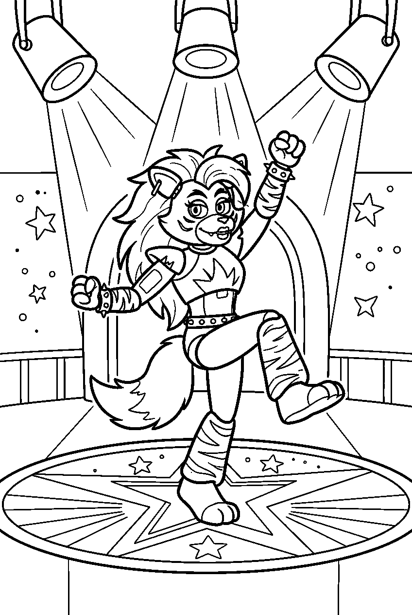 fnaf roxanne wolf dancing under spotlights on the pizzaplex dance floor line art