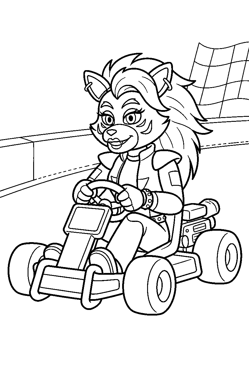 fnaf roxanne wolf driving a go kart around the indoor racetrack line art