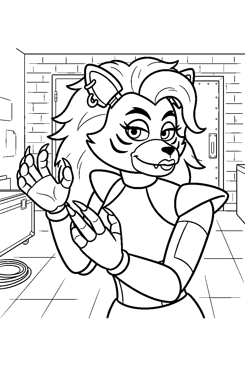 fnaf roxanne wolf extending her claws in a backstage corridor line art