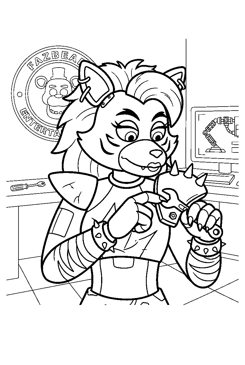 fnaf roxanne wolf fixing her shoulder armor in the repair workshop line art