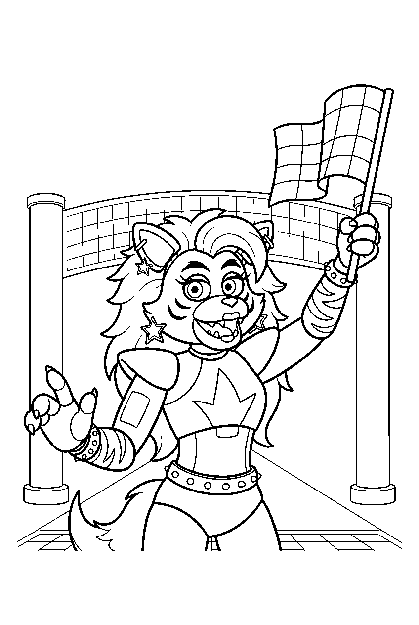 fnaf roxanne wolf holding a checkered flag at the raceway finish line line art