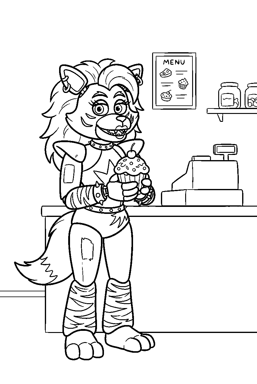 fnaf roxanne wolf holding a cupcake beside the snack counter line art