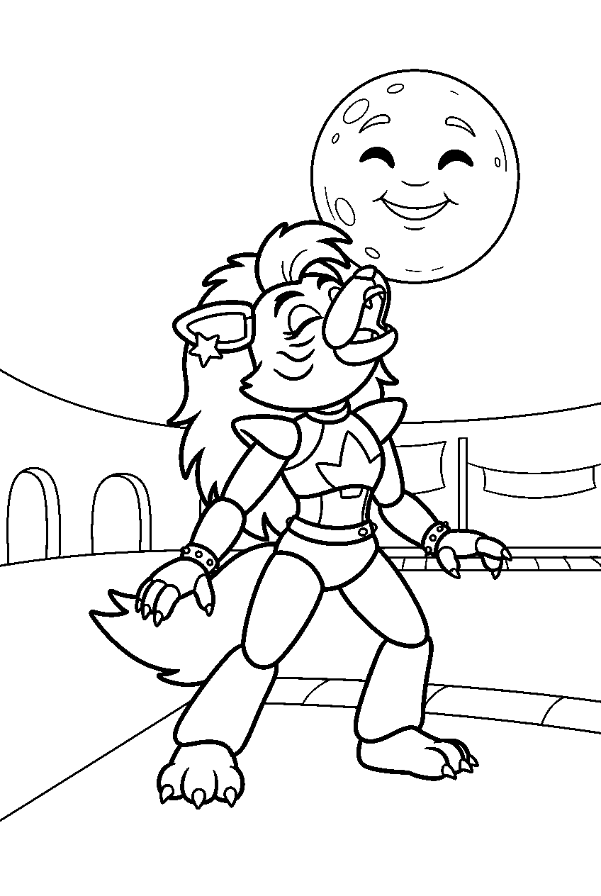 fnaf roxanne wolf howling beneath a moon mural in the raceway line art