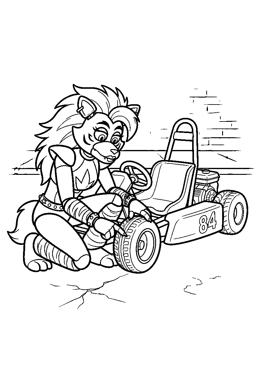 fnaf roxanne wolf inspecting a tire beside a parked go kart line art
