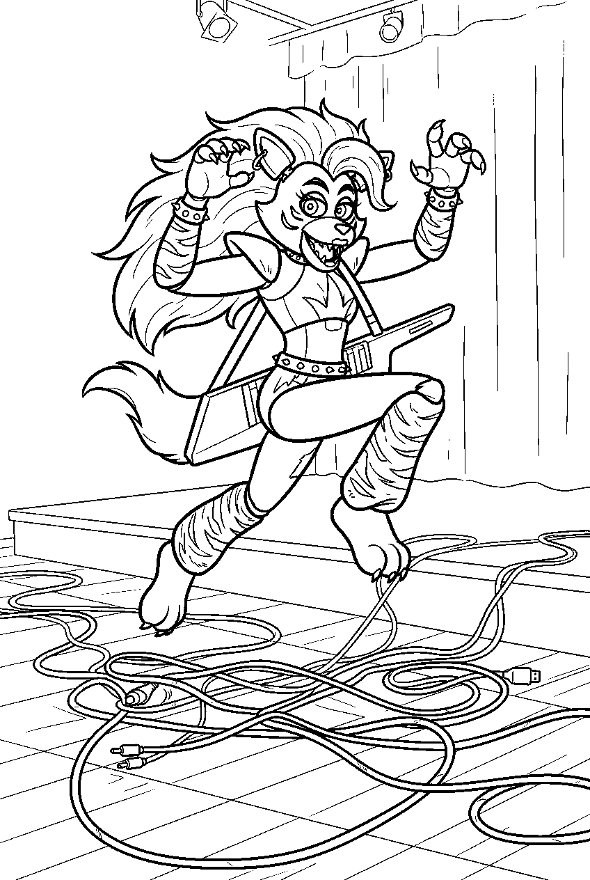 fnaf roxanne wolf jumping over cables on the rehearsal stage line art
