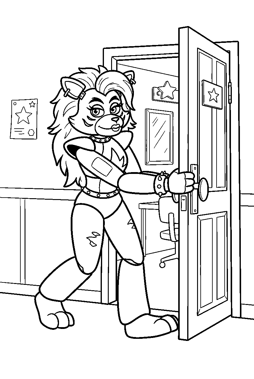 fnaf roxanne wolf opening the door to her green room line art