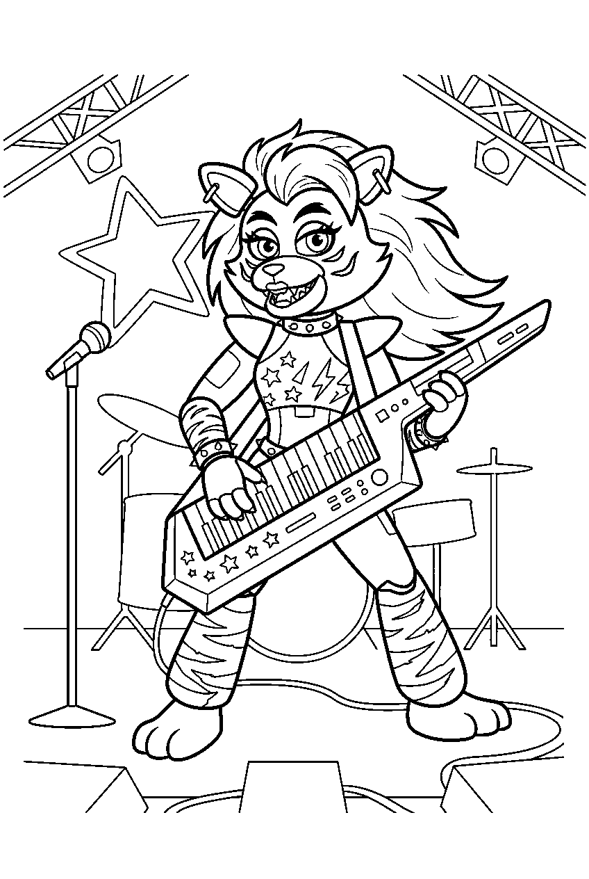 fnaf roxanne wolf playing keytar on the neon concert stage line art