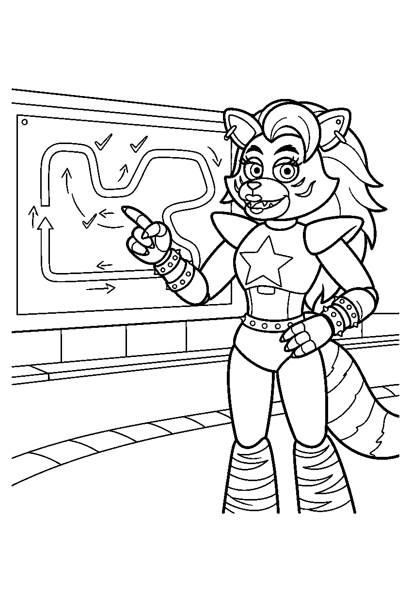 fnaf roxanne wolf pointing toward a map beside the racetrack line art
