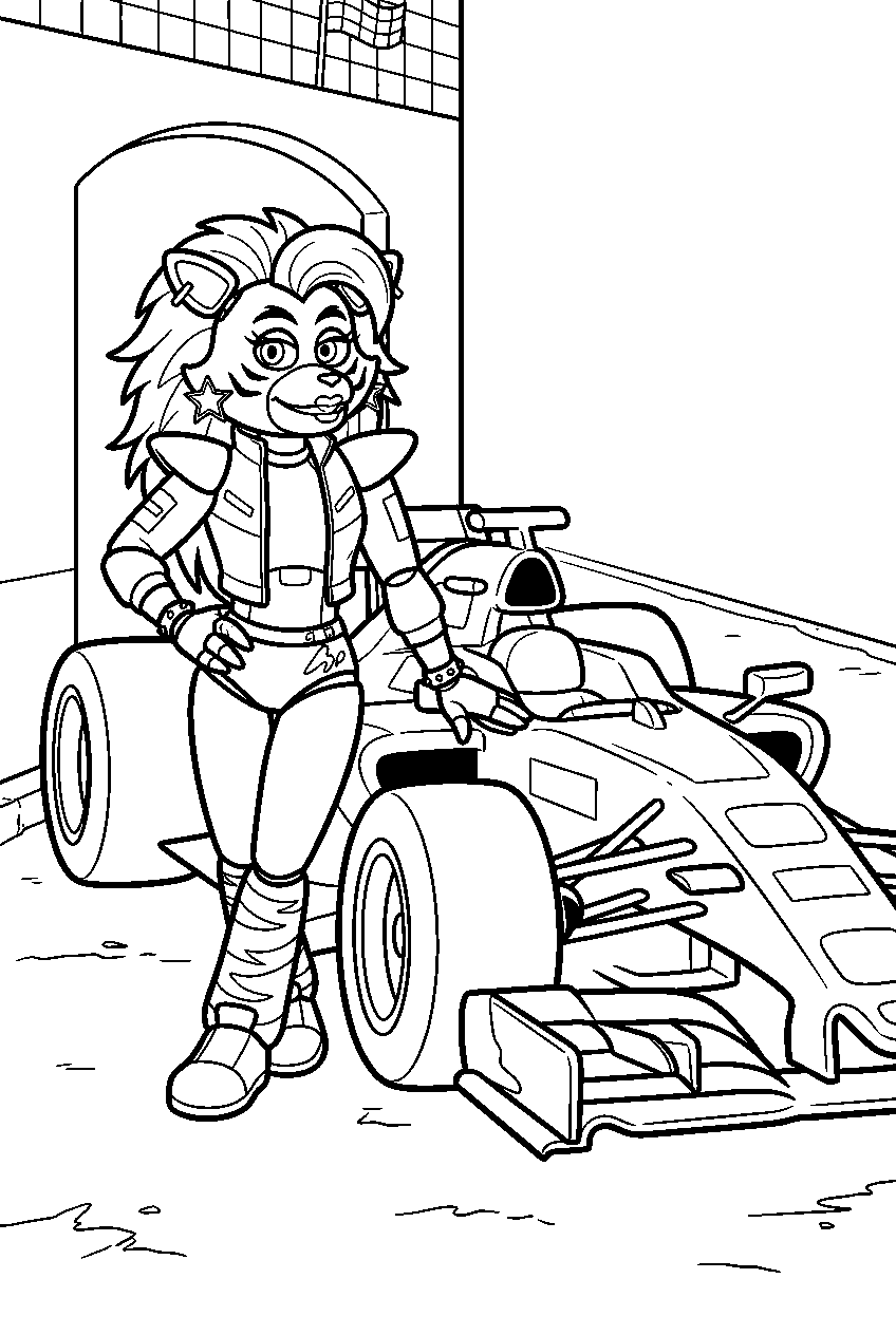 fnaf roxanne wolf posing beside a race car in the pit lane line art