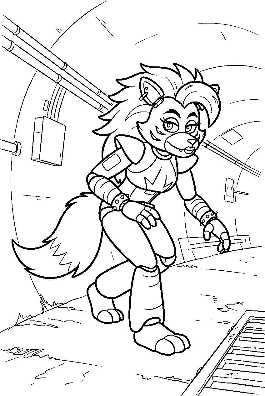 fnaf roxanne wolf prowling through a maintenance tunnel line art