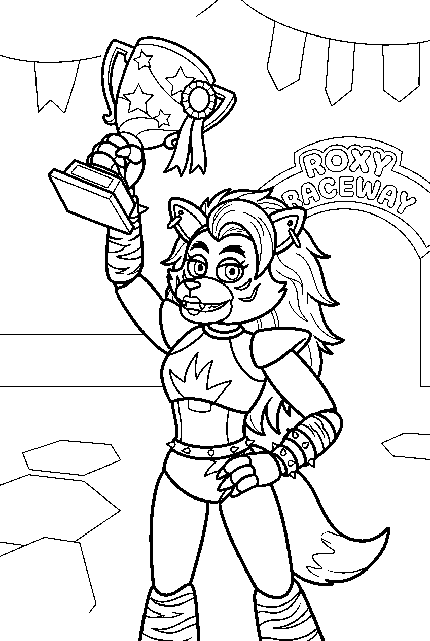 fnaf roxanne wolf raising a trophy in the raceway lobby line art