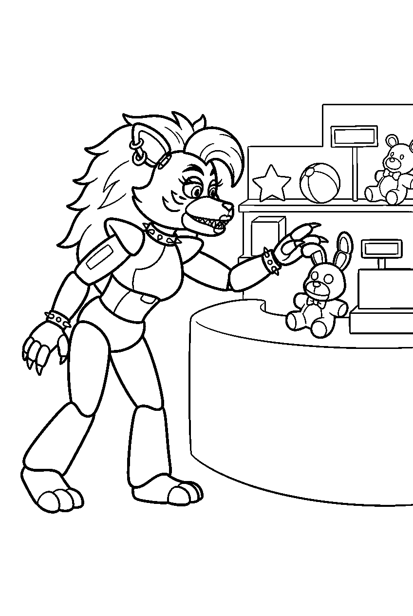 fnaf roxanne wolf reaching for a toy at the prize counter line art