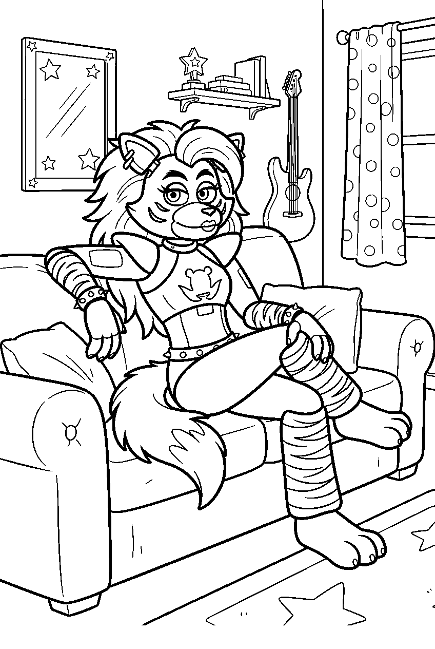fnaf roxanne wolf relaxing on a sofa inside her green room line art