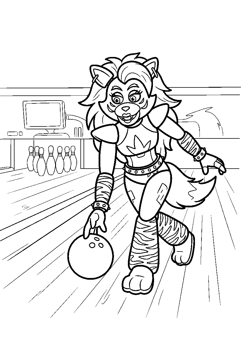 fnaf roxanne wolf rolling a bowling ball down a bonnie bowl lane line art