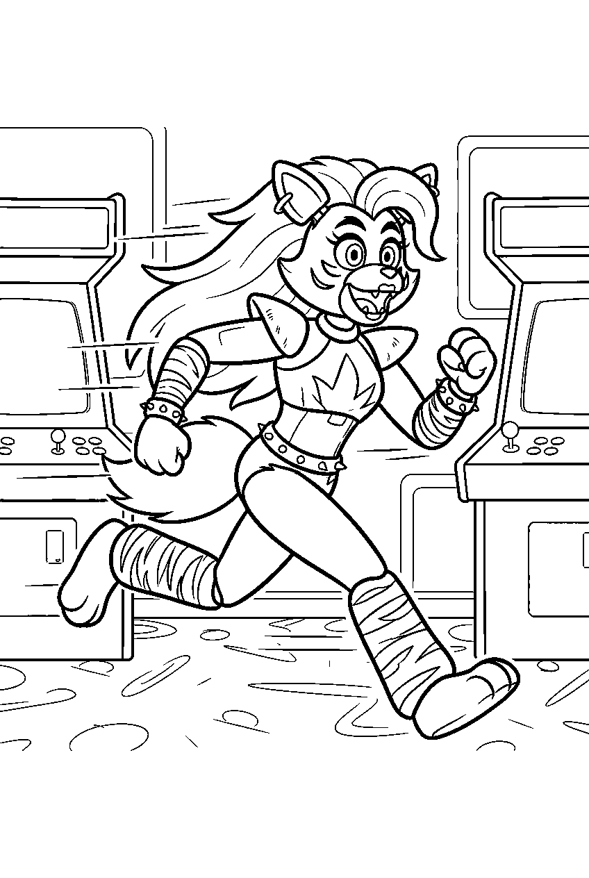 fnaf roxanne wolf running between arcade machines in the fazcade line art