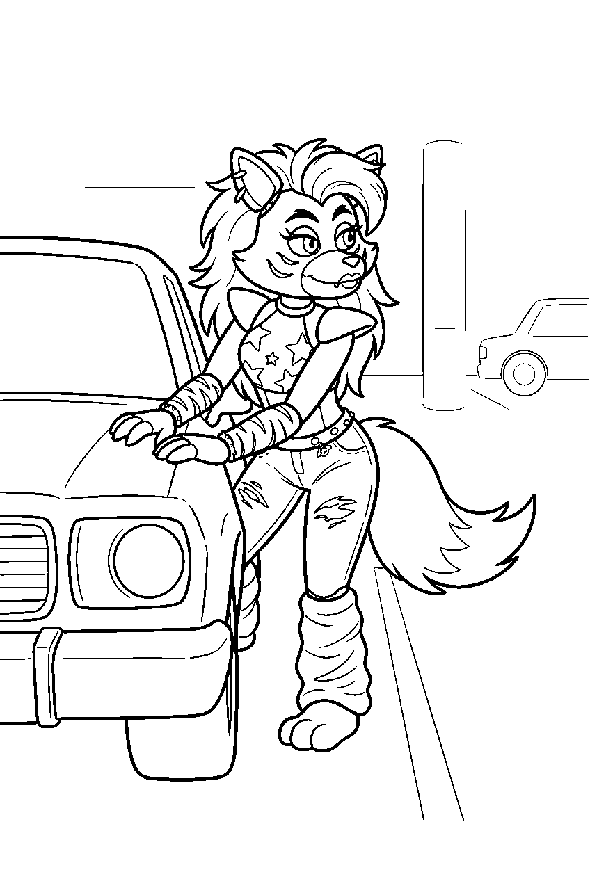 fnaf roxanne wolf searching between cars in the parking garage line art