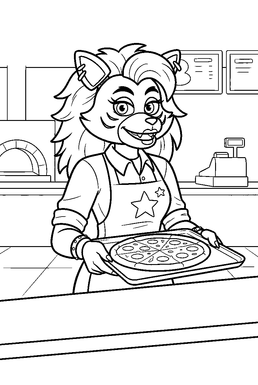 fnaf roxanne wolf serving a pizza at the pizzaplex food court line art