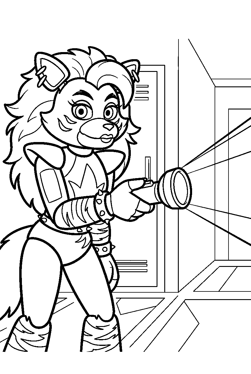 fnaf roxanne wolf shining a flashlight down a dark hallway line art