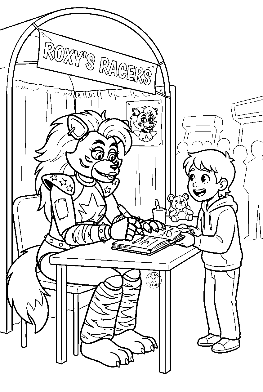 fnaf roxanne wolf signing an autograph at a fan booth line art