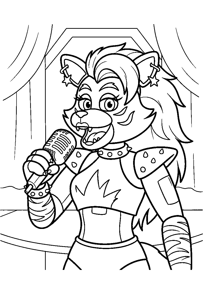 fnaf roxanne wolf singing into a microphone on the atrium stage line art