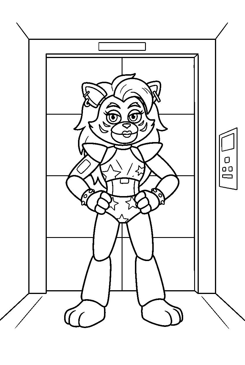 fnaf roxanne wolf standing with hands on hips inside an elevator line art