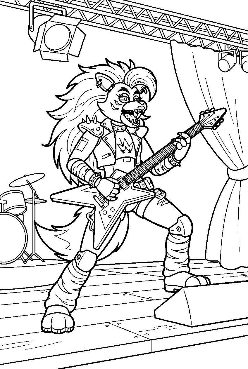fnaf roxanne wolf striking a rock star pose on the main stage line art