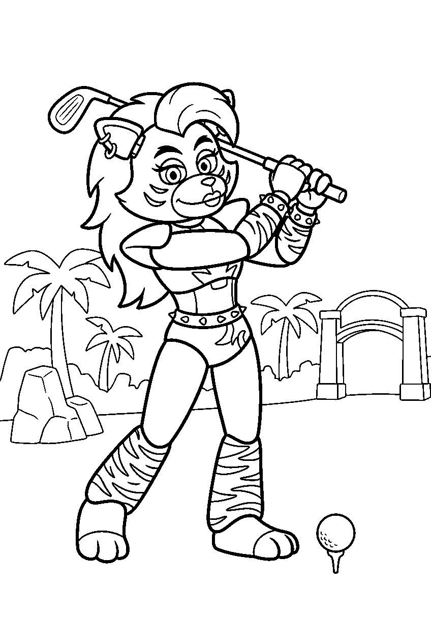 fnaf roxanne wolf swinging a golf club at monty golf line art