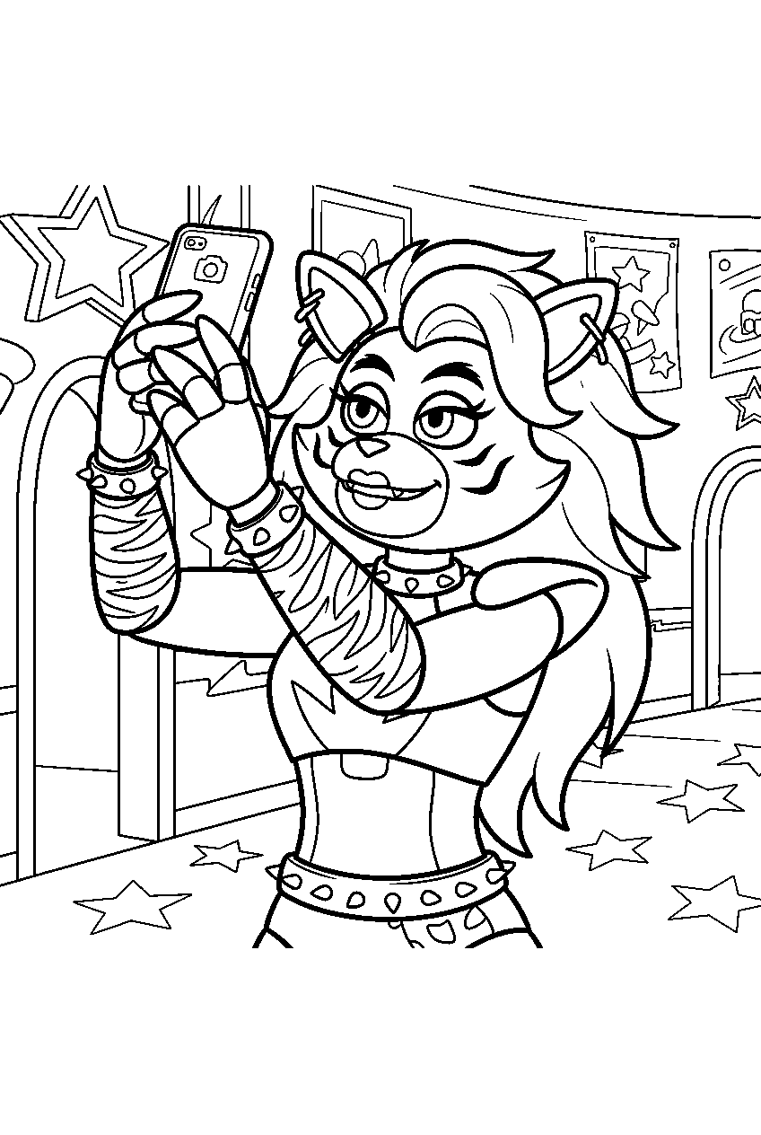 fnaf roxanne wolf taking a selfie in front of rockstar row line art