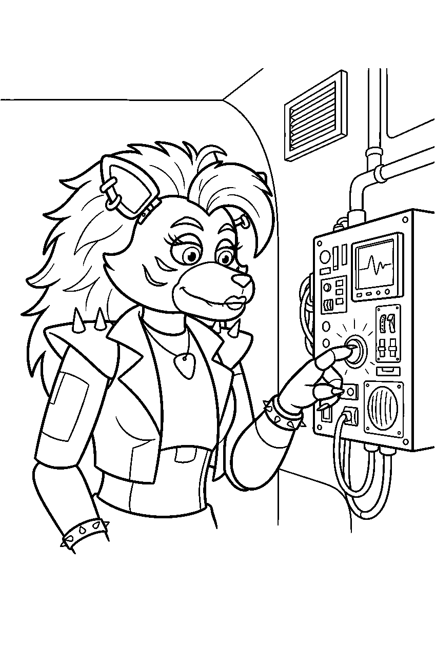 fnaf roxanne wolf tapping a control panel in the security office line art