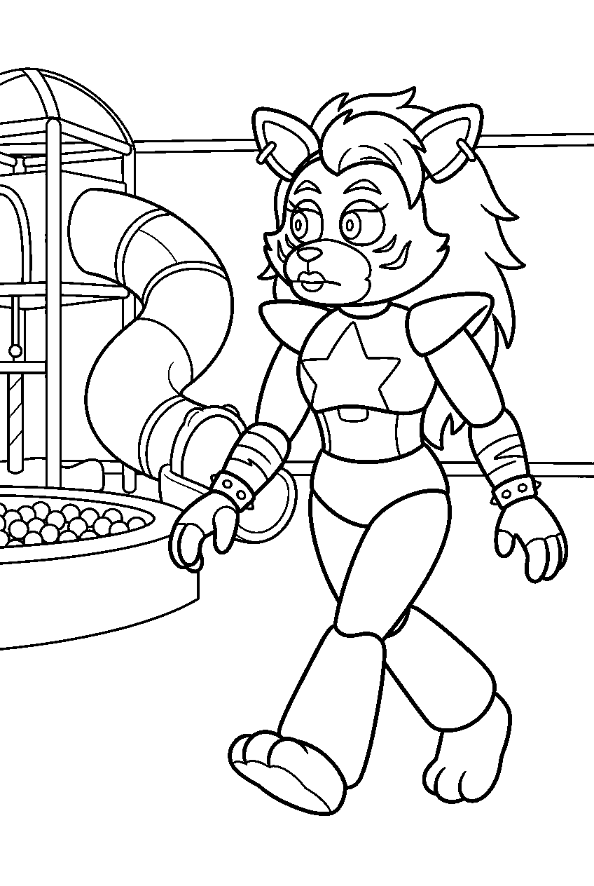 fnaf roxanne wolf tiptoeing past play structures in the daycare line art