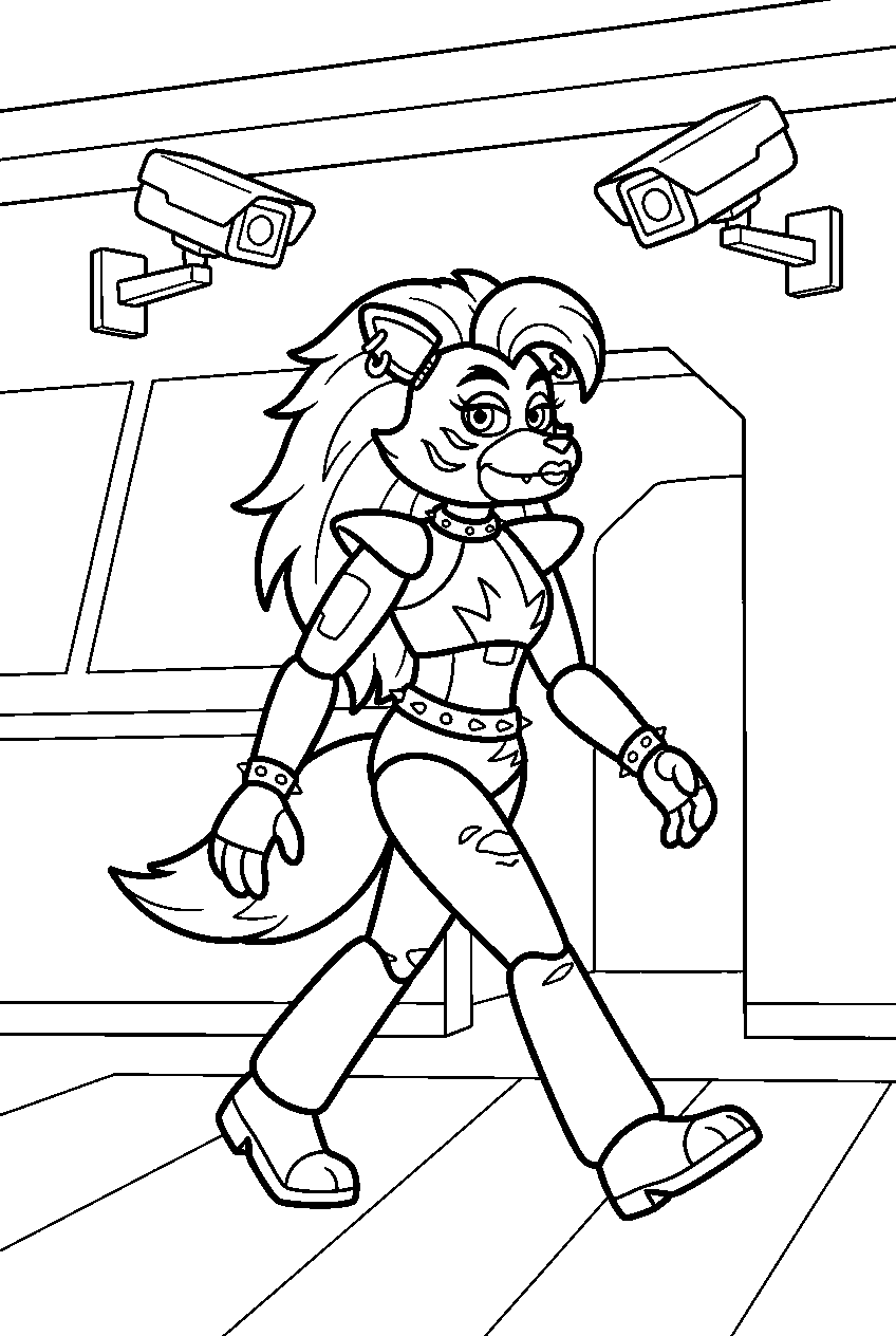 fnaf roxanne wolf walking beneath security cameras in the lobby line art