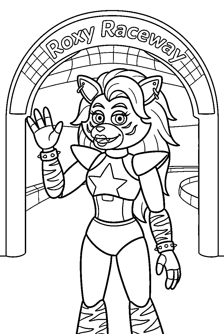 fnaf roxanne wolf waving at the roxy raceway entrance line art