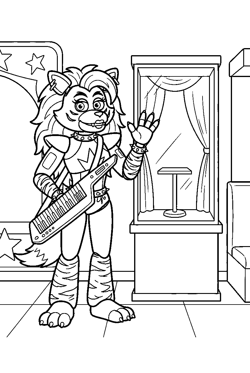 fnaf roxanne wolf waving beside her display case on rockstar row line art