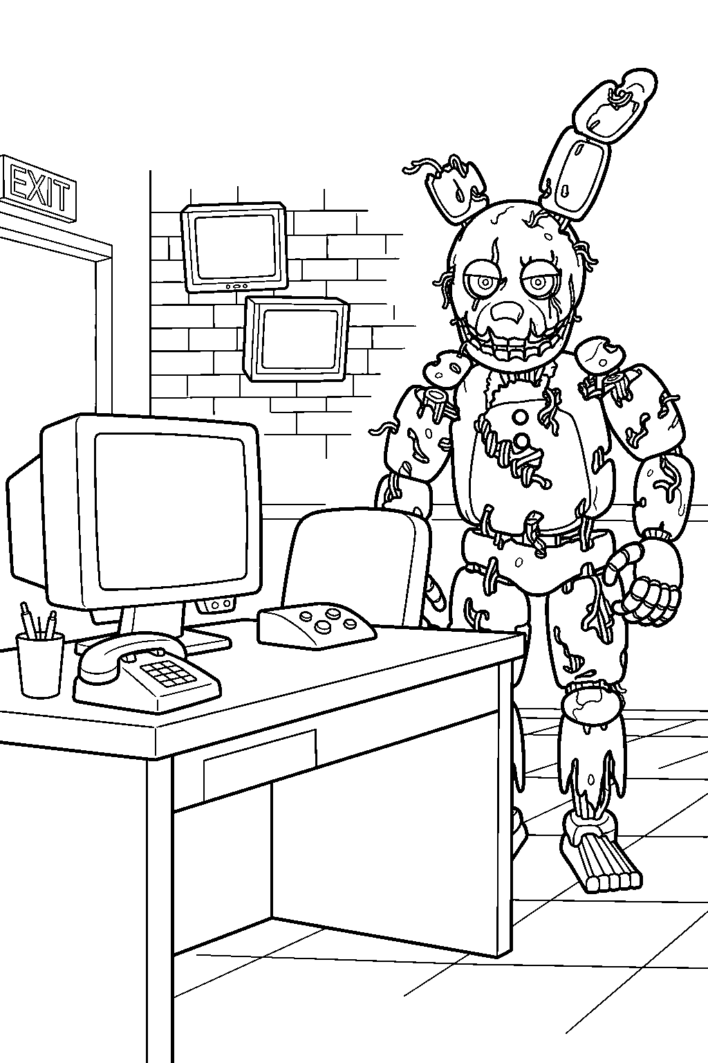 fnaf springtrap approaching security desk in camera room line art