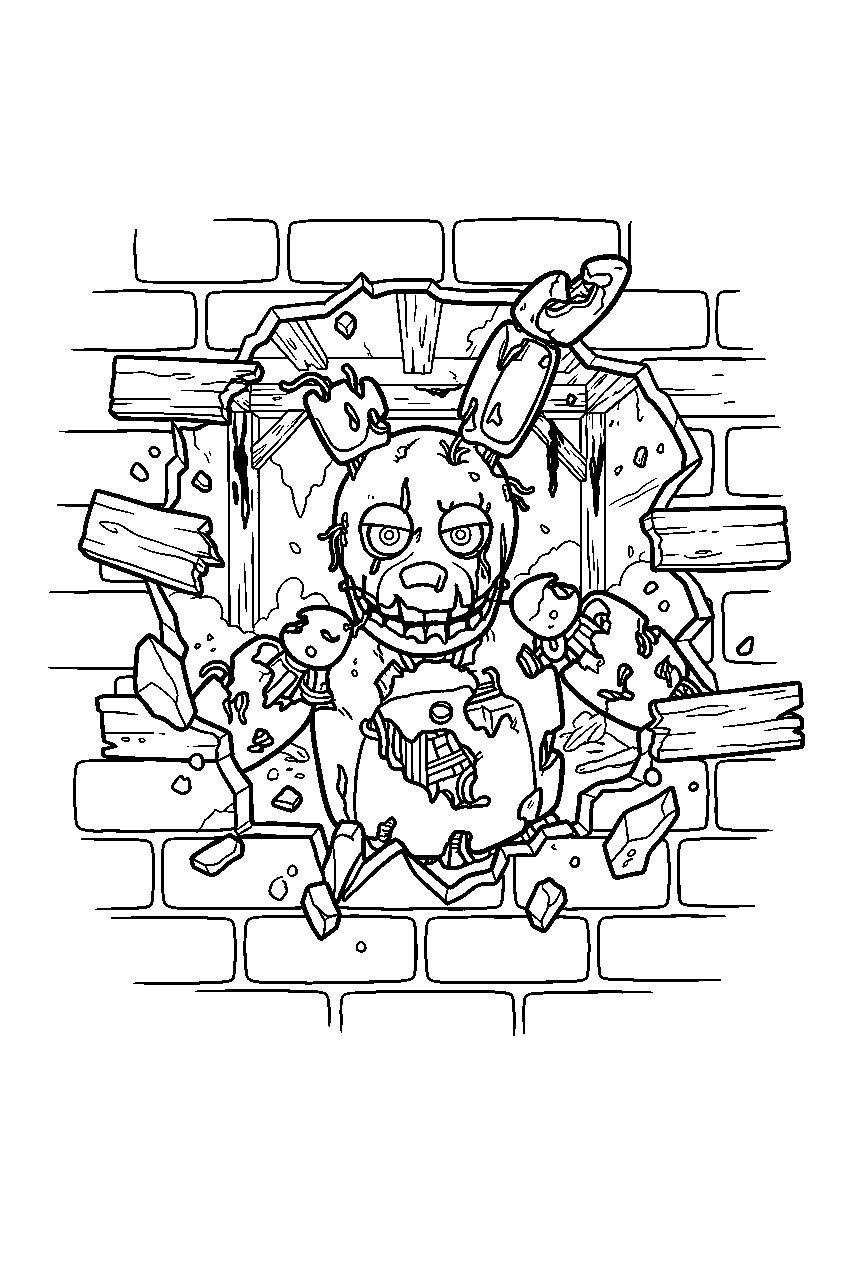 fnaf springtrap breaking through wall in burned attraction line art