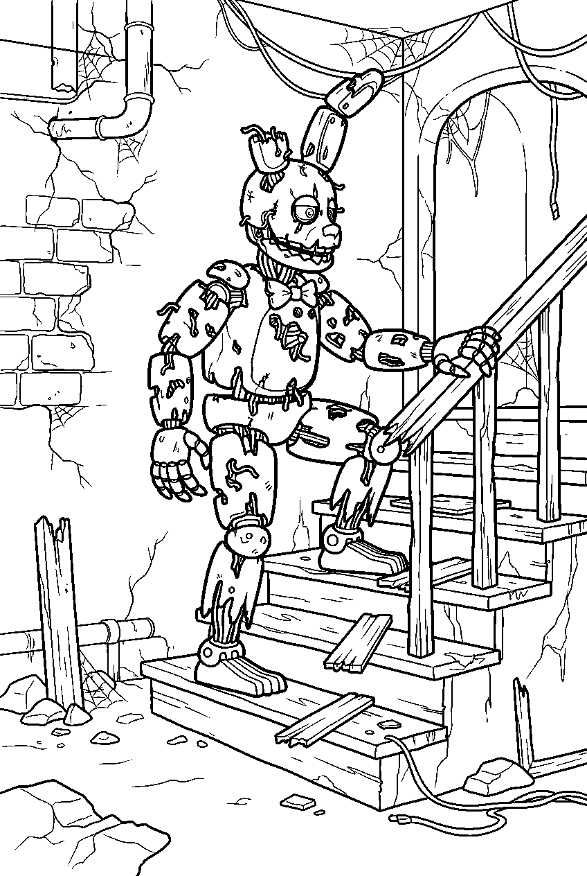 fnaf springtrap climbing stairs in abandoned attraction line art