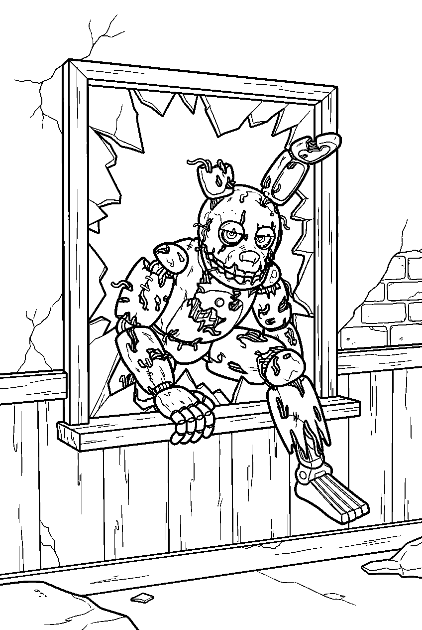 fnaf springtrap climbing through broken window in attraction room line art