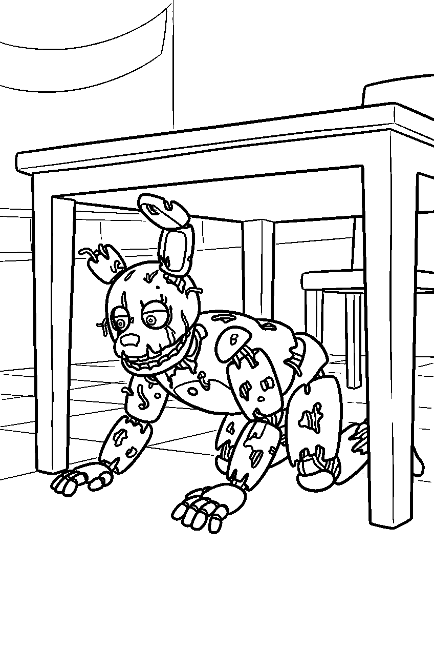 fnaf springtrap crawling beneath tables in dining hall line art