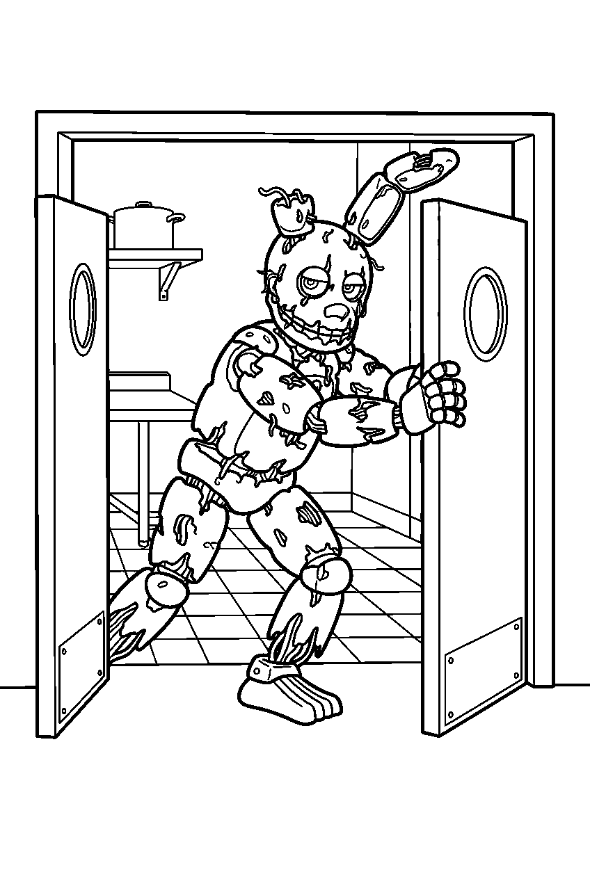 fnaf springtrap entering kitchen through swinging doors line art