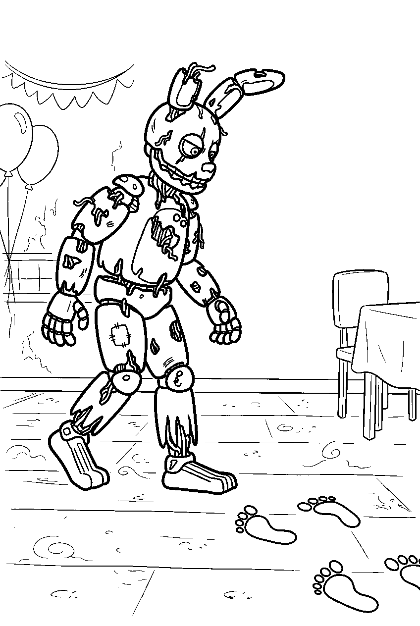fnaf springtrap following footprints in dusty party room line art