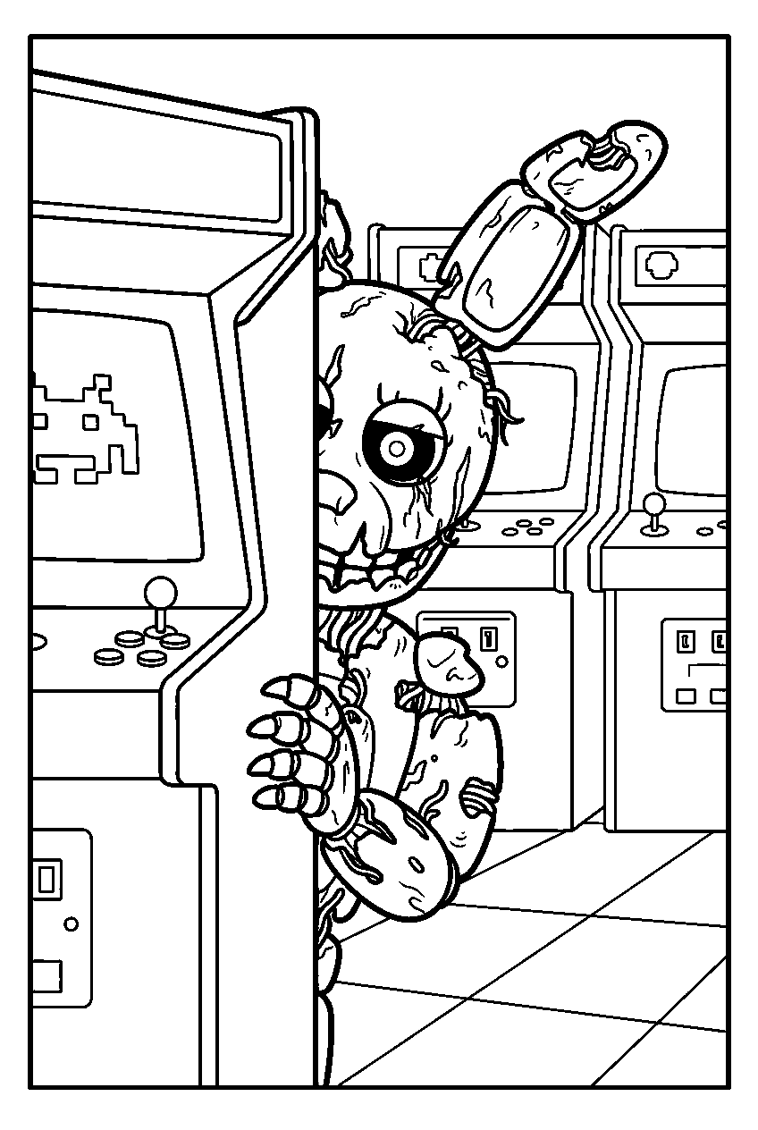 fnaf springtrap hiding behind arcade machines in game room line art