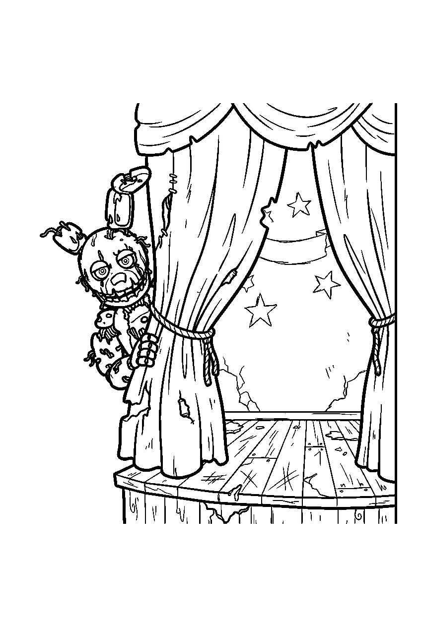 fnaf springtrap hiding behind curtain on damaged stage line art