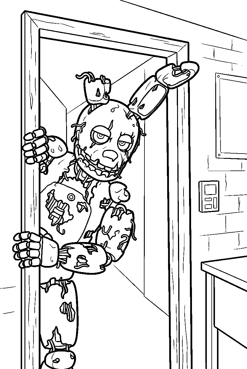 fnaf springtrap leaning from shadows in office doorway line art
