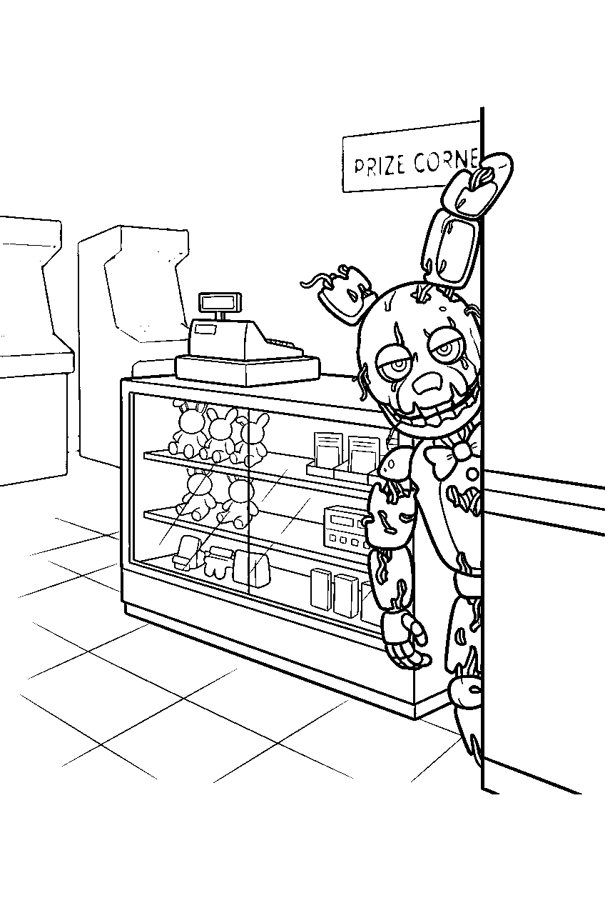 fnaf springtrap lurking near prize counter in dark arcade line art