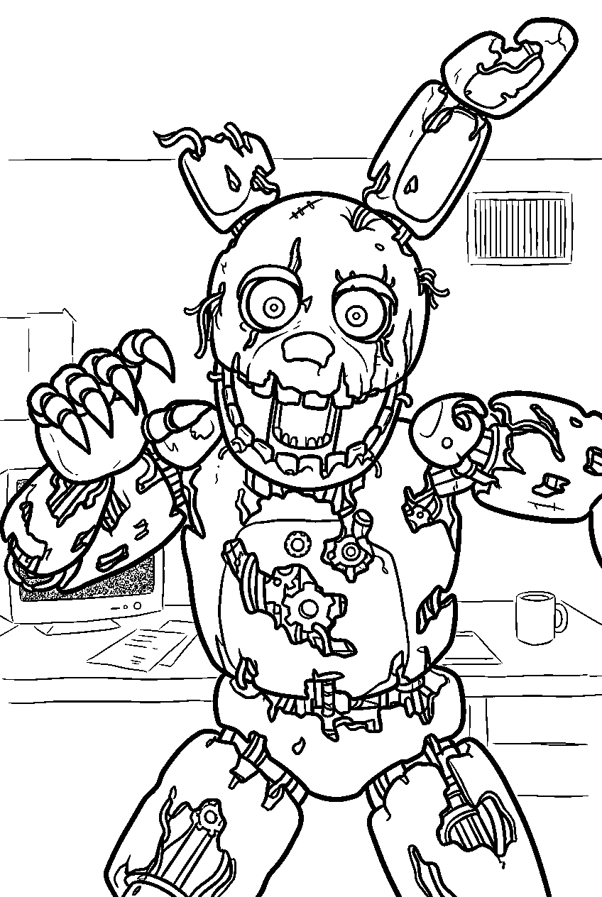 fnaf springtrap performing jumpscare in security office line art