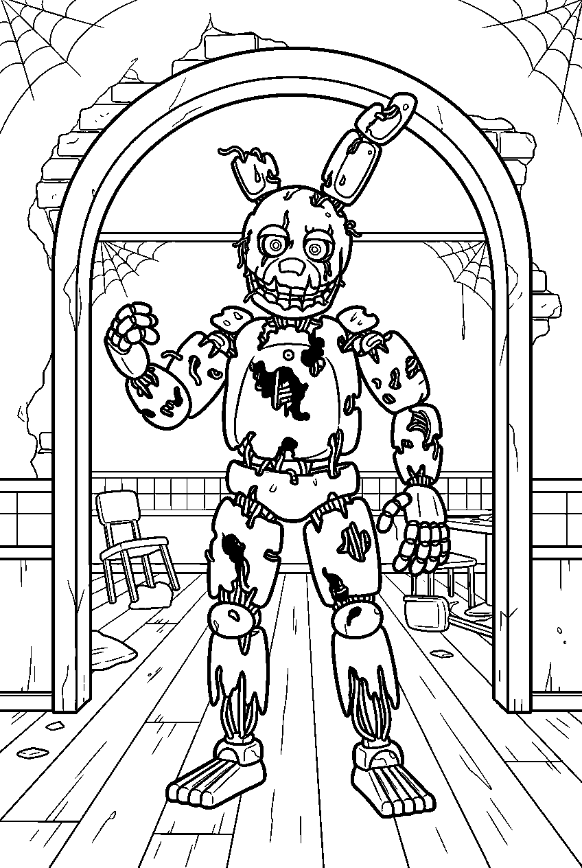 fnaf springtrap posing full body in abandoned pizzeria entrance line art