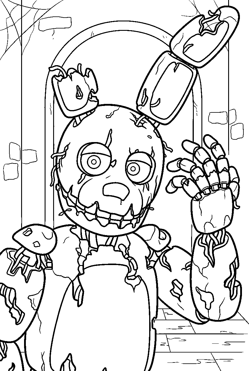 fnaf springtrap raising damaged hand in haunted hallway line art